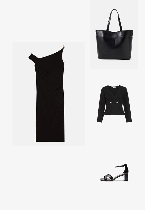 VILA VIZARAH - Vesta na kopčanje - black; Crna haljina s jednim naramenicom od drapiranog materijala s zlatnim detaljem na ramenu, glatke teksture i kroja do koljena.; Crne sandale s otvorenim prstima i potpeticama, s ukriženim trakama, podesivom narukvicom oko gležnja i masivnom potpeticom, izrađene od glatke kože.; Crna kožna torba s dugim ručkama, glatkom teksturom i strukturiranim oblikom. Ima prednju džep za dodatno pohranu.