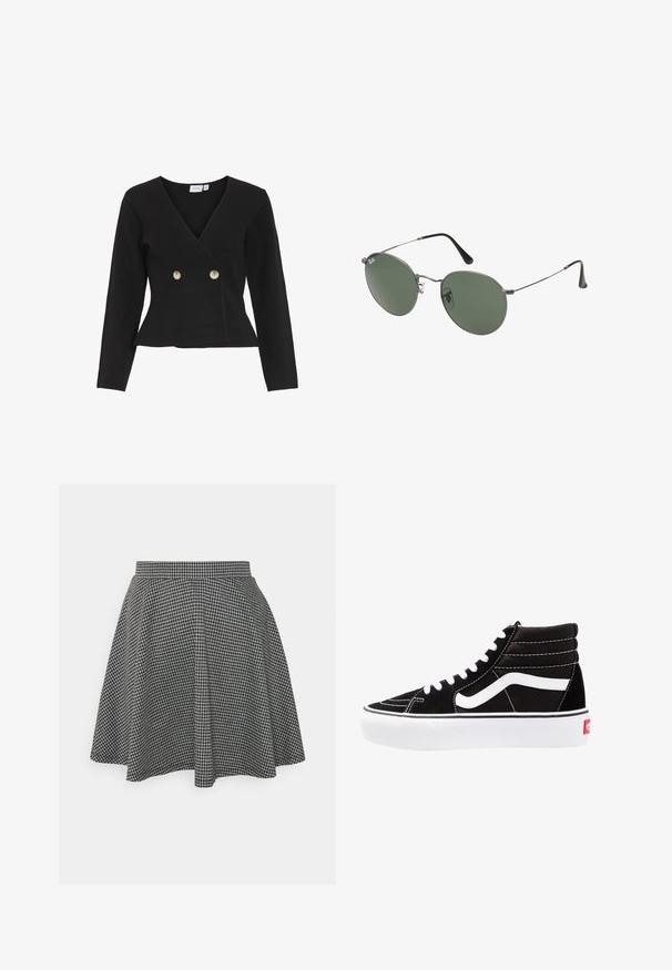 VILA VIZARAH - Cardigan - black; Top corto a costine nero con scollatura rotonda e design senza maniche. Realizzato in tessuto morbido ed elastico, presenta bordi rifiniti con cura.; Gonna a pallini bianco e nera in stile skater con vita aderente e orlo svasato, realizzata in tessuto testurizzato che presenta un motivo classico.; Scarpe da ginnastica nere alte con lacci bianchi, un logo bianco e cuciture bianche a contrasto. Presentano una suola bianca spessa e una parte superiore in suede textured.; Occhiali da sole con montatura in metallo e lenti verdi ovali. Montatura sottile in metallo argento e terminali neri. Design minimalista, senza loghi visibili.