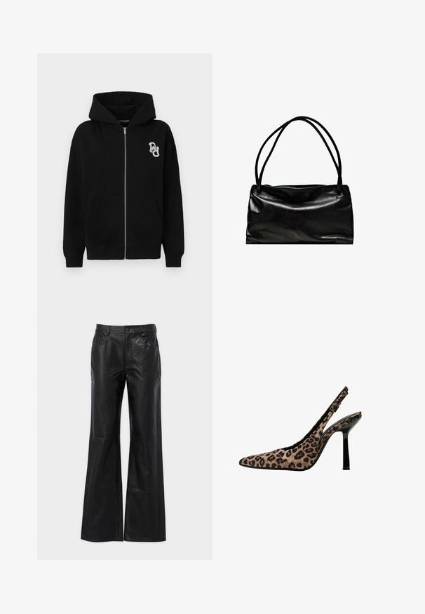 Černá mikina na zip vyrobená z bavlněné směsi. Obsahuje klokaní kapsu, žebrované manžety a malé grafické logo na levé straně hrudi.; Krajkový korzet s krátkým střihem v barvě off-white s nastavitelnými ramínky, zdobený květinovými vzory a strukturovaným designem se zvlněným okrajem.; Černé kožené rozšířené kalhoty s hladkou texturou, kovovým zapínáním a předními kapsami. Mají vysoký pas a upravený siluetu.; Lodičky na podpatku se zvířecím potiskem leopardí kůže, s špičatou špičkou, černými lesklými akcenty, tenkým vysokým podpatkem a nastavitelným páskem se sponou. Syntetický materiál.; Černá kožená taška s hladkým povrchem, obdélníkovým tvarem a dvěma dlouhými uchy. Jednoduchý design bez viditelného hardwaru nebo ozdob.