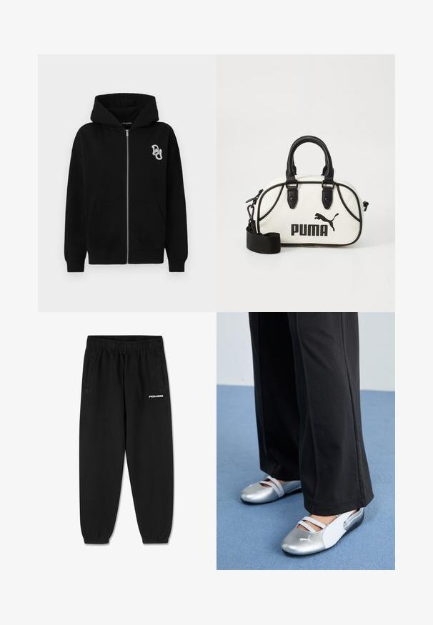 Hanorac negru cu fermoar, realizat dintr-un amestec de bumbac. Include un buzunar tip kangaroo, manșete ribbate și un mic logo grafic pe partea stângă a pieptului.; Tricou din bumbac gri cu mâneci scurte, având un gât rotund și un logo mic alb "PEGADOR" pe față. Textură netedă, croi lejer.; Pantaloni de trening negri dintr-un material moale, cu un tiv ajustabil la talie, picioare conice și buzunare laterale. Logo-ul "PEGADOR" în alb pe față.; Pantofi plat din silver și alb cu bretele încrucișate și detalii texturate, completate de pantaloni negri lejeri. Fundalul este un podea albastră.; Geantă albă cu accente negre, ce prezintă un logo Puma. Mânere scurte și rotunjite și o curea detașabilă, confecționată din material sintetic texturat.
