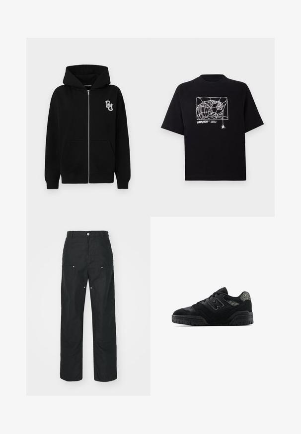 Sudadera negra con cremallera hecha de una mezcla de algodón. Cuenta con un bolsillo canguro, puños de canalé y un pequeño logotipo gráfico en el lado izquierdo del pecho.; Camiseta negra de algodón con mangas cortas. Presenta un gráfico de telaraña blanca y un logo en la parte frontal. Cuello redondeado simple.; Pantalones negros con un diseño de pierna recta, hechos de una tela texturizada. Presentan adornos de metal plateado decorativos y un diseño de costura único.; Zapatilla negra de perfil bajo con suela texturizada, diseño de cordones, paneles de gamuza y acentos con patrón en el talón y el logo lateral.