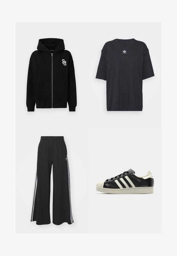 Fekete cipzáras kapucnis felső, pamutkeverékből készült. Kanguru zsebbel, bordázott mandzsettákkal és egy kis grafikai logóval a bal mellen.; Fekete pamut póló rövid ujjakkal, kerek nyakkivágással, mellkason fehér Adidas logóval. Egyszerű dizájn, laza fazon.; Fekete, bő szárú melegítőnadrág, rugalmas derékkal, fehér oldalsávokkal és hímzett logóval a bal combon.; Fekete bőrsneaker fehér csíkokkal, gumírozott orral, fekete fűzővel és krém színű talppal. Simaság és fényes felület jellemzi.