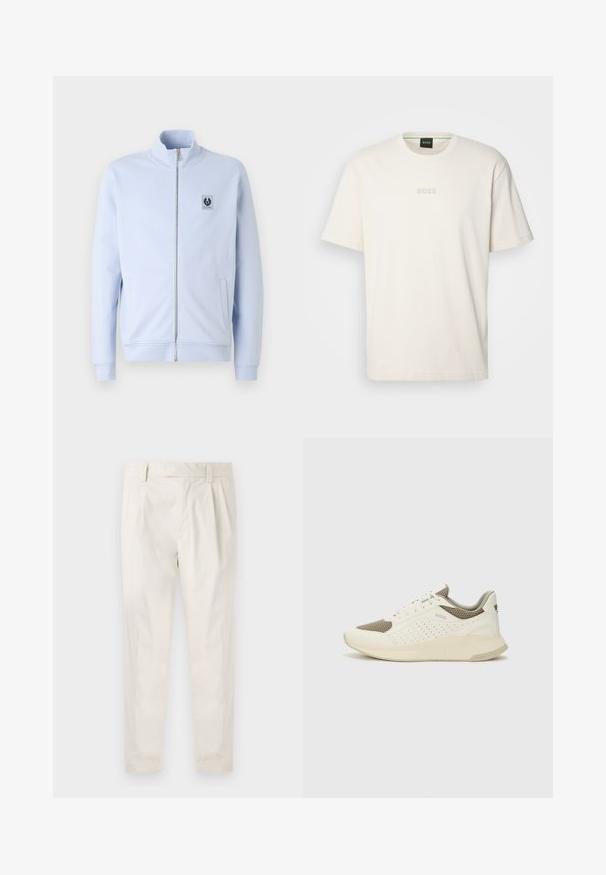 Světle modrá zipová bunda vyrobená z měkkého materiálu, s vysokým límcem, bočními kapsami a nášivkou s logem na hrudi.; BOSS TEE - Jednoduché tričko - open white; Bílé, plisované kalhoty s upraveným střihem, které mají hladkou texturu, poutka na opasek a zúžené nohavice. Bez viditelných kapes nebo vzorů.; Bílé a světle béžové atletické tenisky, které mají síťovaný svršek, perforované detaily a texturovanou mezipodešev s logem na patě.