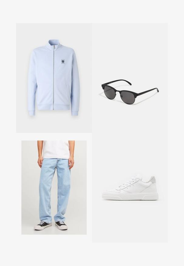 Lys blå zip-up jakke laget av mykt materiale, med høy krage, sidelommer og et lapplogo på brystet.; Hvit kortermet t-skjorte laget av bomull, med rund halslinning og en litt forlenger bak, med en liten logoakcent på siden.; Lyseblå denimjeans med en avslappet passform, med rett ben-design og standard søm, sammen med svarte joggesko.; Hvite skinnsko med en glat overflate, rund tå, flate lisser og teksturert såle. Grå semsket innfelt ved hælen.; Sorte solbriller med runde linser, matt finish og karakteristisk katteøyeform. Slanke armer med subtil merking på venstre tempel.