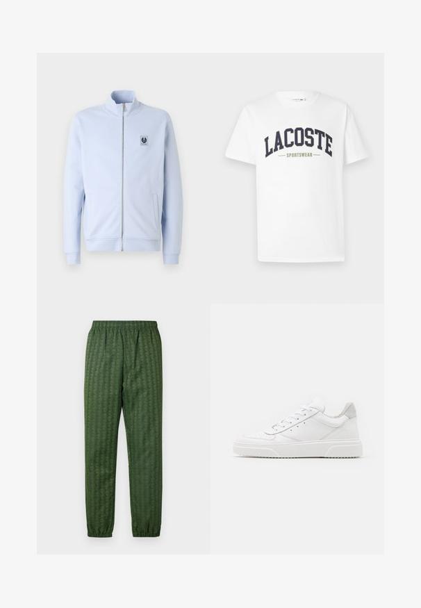 Világoskék, cipzáros dzseki, puha anyagból készült, álló gallérral, oldalsó zsebekkel és felvarrt logóval a mellkasán.; Fehér, pamut póló, melyen egy kék és olíva zöld "LACOSTE SPORTSWEAR" logó található, ívelt formában a mellkas közepén.; Zöld mintázatú sportnadrág, rugalmas derékkal, csekkelt lábakkal és geometriai mintázattal. Könnyű anyagból készült.; Fehér bőr sportcipő sima felülettel, kerek orral, lapos fűzőkkel és textúrált talppal. Szürke velúr díszítés a saroknál.