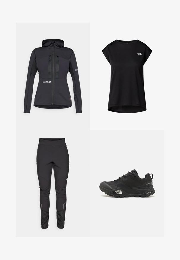 Czarna sportowa kurtka z kapturem, z zamykanymi kieszeniami i teksturowaną wstawką na rękawach. Logo z przodu i na rękawie. Materiał zaprojektowany z myślą o elastyczności.; Czarna koszulka z krótkim rękawem, wykonana z miękkiego materiału. Posiada okrągły dekolt i logo nadrukowane na piersi. Luźny, nieco swobodny krój z zaokrąglonym dołem.; Czarne spodnie outdoorowe o dopasowanym kroju, wykonane z trwałego materiału, z odblaskowymi akcentami i panelowym przeszyciem, które zapewniają zwiększoną swobodę ruchu i komfort.; Czarne buty trekkingowe z teksturowaną cholewą, sznurowaniem i masywną gumową podeszwą z wyraźnym logo po boku oraz wzorami bieżnika.