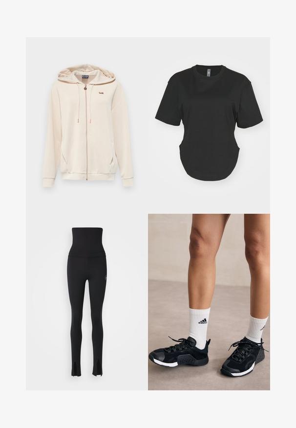 Beige színű, cipzáros kapucnis felső, elülső zsebbel, húzózsinórral ellátott kapucnival és egy kis arany logóval. Puha anyag, sima felülettel és laza fazonnal.; Fekete, rövid ujjú póló, pamutból készült. Kerek nyakkivágás, ívelt alj és oldalsó hasítékok jellemzik. Simás textúra, laza szabás.; adidas by Stella McCartney Leggingek - black; Fekete sportcipők texturált felsőrésszel, fehér díszítéssel és biztonságos fűzési rendszerrel, fehér bordázott zoknikkal, amelyeken logó látható.