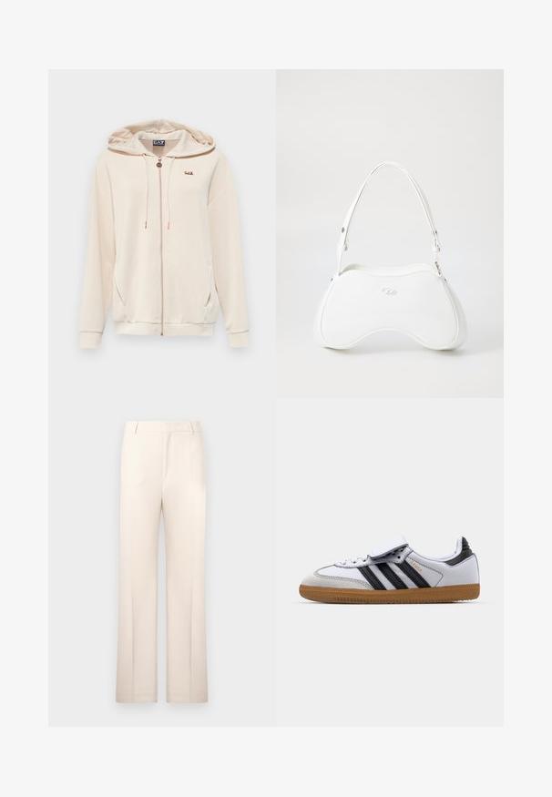 Beige színű, cipzáros kapucnis felső, elülső zsebbel, húzózsinórral ellátott kapucnival és egy kis arany logóval. Puha anyag, sima felülettel és laza fazonnal.; Fehér, bordázott ujjatlan felső csipkés díszítéssel a nyakán és az ujjakon. Puha tapintása és testhez simuló fazonja van. A márkajelzés látható belül.; Beige, egyenes szárú szabott nadrág, könnyű anyagból készült. Elöl redők és klasszikus derékpánt jellemzi.; Fehér bőr sportcipő fekete csíkokkal és szürke részletekkel, lekerekített orral és gumi talppal. Téglányszíj és fűzős záródás.; Fehér kézitáska sima, fényes felülettel, ívelt formával és egy állítható pánttal. Előoldalán domború logó található.