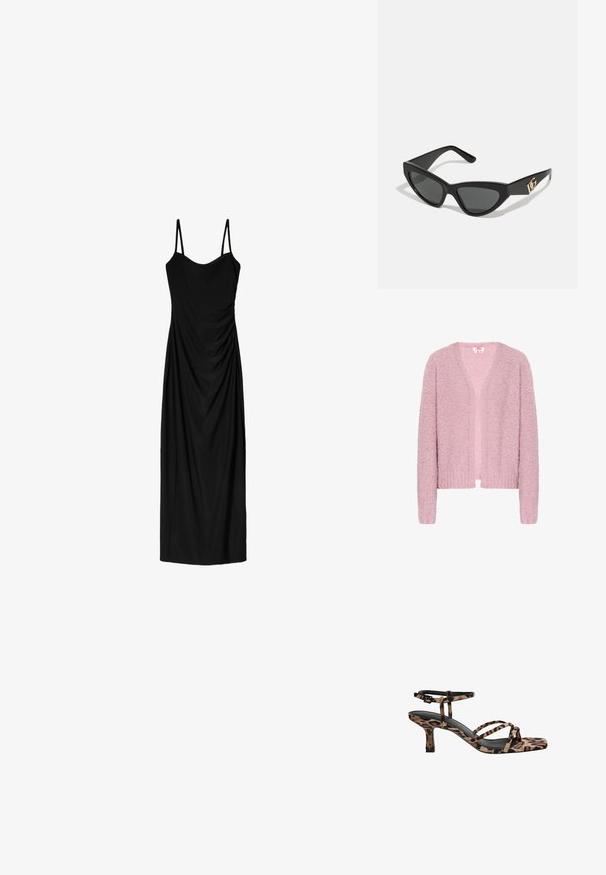 Svetloružový kardigán vyrobený z textúrovanej, nadýchané príze. Má V-výstrih, otvorený predný diel, dlhé rukávy a rebrované lemy a manžety.; Čierne midi šaty s tenkými nastaviteľnými ramienkami, s prekrývajúcim sa dizajnom a hladkou textúrou. Žiadne viditeľné vzory ani zdobenie.; Sandále na podpätku s leopardím vzorom, s hranatou špičkou, viacerými popruhmi a stredne vysokým podpätkom. Vyrobené z mäkkého textilného materiálu.; Slnečné okuliare v tvare mačacích očí s matným čiernym plastovým rámom, tmavými sklami a zlatým logom na bočnej strane. Ostrý dizajn a hladká textúra.; Hnedá kožená crossbody taška s logom, zlatým reťazcom, zipsovým uzáverom a zlatými prvkami. Kompaktnej a obdĺžnikovej forme.