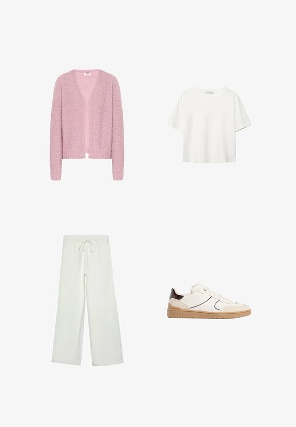 Svetloružový kardigán vyrobený z textúrovanej, nadýchané príze. Má V-výstrih, otvorený predný diel, dlhé rukávy a rebrované lemy a manžety.; Biela krátkopsová tričko vyrobené z bavlny. Má okrúhly výstrih a voľný strih. Hladká textúra bez viditeľných vzorov alebo akcentov.; Biele nohavice s širokými nohavicami vyrobené z mäkkej tkaniny. Majú elastický pás s šnúrkou a hladký povrch. Žiadne viditeľné vzory ani kovania.; Stradivarius Tenisky - white