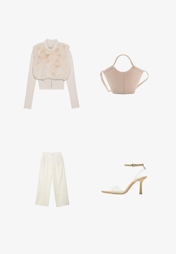 Skrajšan bež pulover z rebrastim teksturo in zadrgo; vsebuje umetno krzno na telesu za dodatno toploto in mehkobo. Dolgi rokavi.; Bela bodisu s kvadratnim izrezom, brezrokavni dizajn, gladka tekstura in zapiranje na dnu s pritisnim gumbom. Preprost in minimalističen slog.; Hlače širokih nogavic iz kremaste tkanine z gladko teksturo, z enim sprednjim gumbom, diskretnimi plisami in visokim pasom.; Sandal z jasnim petnikom s prozornim zgornjim delom, bež podplatom in sivim trakcem okoli gležnja. Ima koničast nos in tanek visoki petek.; Bežna usnjena torbica edinstvene oblike, z dvema kratkima ročajema in dolgim nastavljivim trakom. Gladka tekstura z minimalno kovinsko opremo.