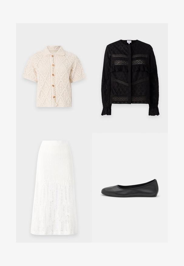 Vanessa Bruno EMARYA - Gilet - ecru; Blouse noire avec un col rond, mettant en valeur des panneaux en dentelle transparente, des accents froncés et des motifs texturés. Manches longues avec des poignets élastiques.; Jupe midi en tricot blanche présentant un motif texturé avec des lignes verticales et des découpes près de l'ourlet. Taille élastique. Matériau doux.; Ballerines en cuir noir avec un bout rond, texture lisse, détails de couture minimalistes et design de semelle flexible.