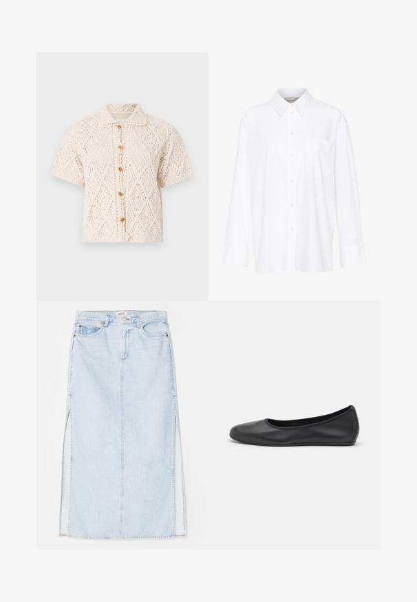 Vanessa Bruno EMARYA - Cardigan - ecru; White long-sleeve collared shirt made of cotton. Features a button-down front and a single chest pocket. Smooth texture, relaxed fit.; Light blue denim maxi skirt with a straight cut, featuring side slits and five-pocket design. Prominent stitching and metal button closure.; Black leather ballet flat with a rounded toe, smooth texture, minimal stitching detail, and a flexible sole design.