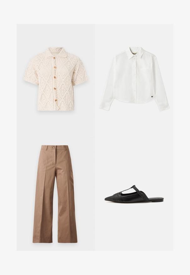 Vanessa Bruno EMARYA - Strickjacke - ecru; Weißes, kurzes Langarmhemd aus Baumwolle. Verfügt über eine durchgehende Knopfleiste, eine Brusttasche und ein kleines schwarzes Logo unten links.; Braune weite Hose aus einem glatten Stoff, mit einem Knopfverschluss vorne, zwei Fronttaschen und klaren, maßgeschneiderten Linien.; Schwarzer Leder-Slingback-Schuh mit spitzem Zehenbereich, ausgestattet mit einem geflochtenen Akzent und einem gefalteten Oberdesign. Flache Sohle mit minimalem Zubehör.