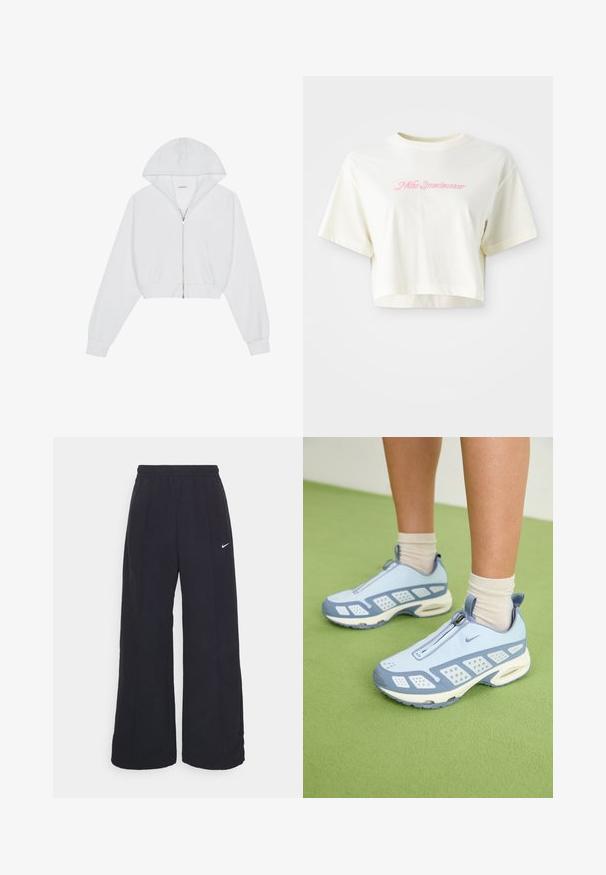 White cropped hoodie with a front zipper, long sleeves, side pockets, and a hood. Made of soft fabric with a smooth texture.; Cropped, cream-colored t-shirt made of cotton. Features a pink embroidered logo that reads "Nike Sportwear." Short sleeves and a round neckline.; Black wide-leg pants with an elastic waistband and a small white Nike logo. Fabric has a smooth texture, designed for comfort and casual wear.; Light blue athletic shoes with white accents, textured panels, and a zip closure. Features a visible air cushioning sole and rubber outsole.