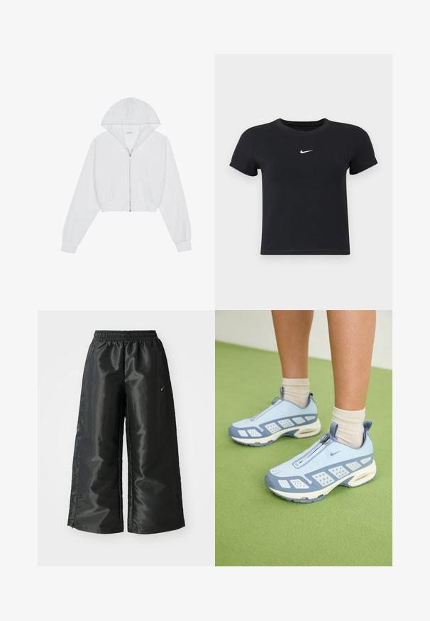 Valge lühendatud kapuutsiga pusa, millel on ees tõmblukk, pikad varrukad, küljetaskud ja kapuuts. Valmistatud pehmest kangast, millel on sile tekstuur.; Must have lühikeste varrukatega must t-särk, mis on valmistatud puuvillast ja millel on ümar kaelus. Ees on valge Nike logo, minimaalne disain ja sobiv kuju.; Mustad mustad sportsipüksid läikiva, siledaga kangaga, pa elastse vöökoha, laia sääre ja väikese logoga vasakul küljel.; Heledad sinised spordijalatsid valgete detailidega, tekstuuriga paneelid ja tõmblukk. Omab nähtavat õhuklotsiga tallat ja kummist välispinda.