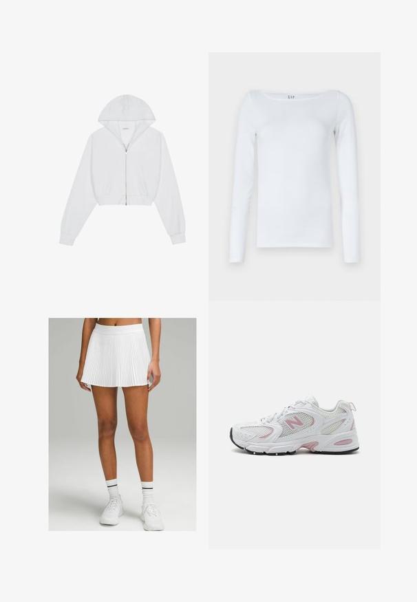 Bijela skraćena dukserica s prednjim munjevim zatvaračem, dugim rukavima, bočnim džepovima i kapuljačom. Izrađena od mekog materijala s glatkom teksturom.; Bijela košulja dugih rukava od pamučne mješavine, s okruglim izrezom i uskim krojem. Nema vidljivih uzoraka ili akcenta.; Bijela nabrana suknja sa širokim pojasom, koja ima rašireni kroj. Uparena je s bijelim tenisicama i rebrastim čarapama s crnim prugama.; Bijele atletske cipele s mrežastim i sintetičkim gornjim dijelom, ružičastim detaljima, podstavljenim ovratnikom i crnom gumiranom potplatom. Imaju vidljive perforacije i logo.