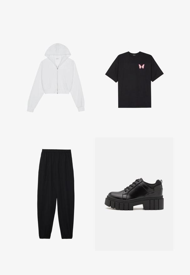 White cropped hoodie with a front zipper, long sleeves, side pockets, and a hood. Made of soft fabric with a smooth texture.; Black cotton t-shirt with short sleeves, featuring a small pink butterfly graphic on the left chest. Crew neck design with a relaxed fit.; Black, lightweight pants with an elastic waistband and gathered ankles. The fabric is smooth and features a relaxed, tapered design.; Black leather platform shoes with a chunky block heel, round toe, and traditional lace-up design. Features smooth texture and minimal detailing.