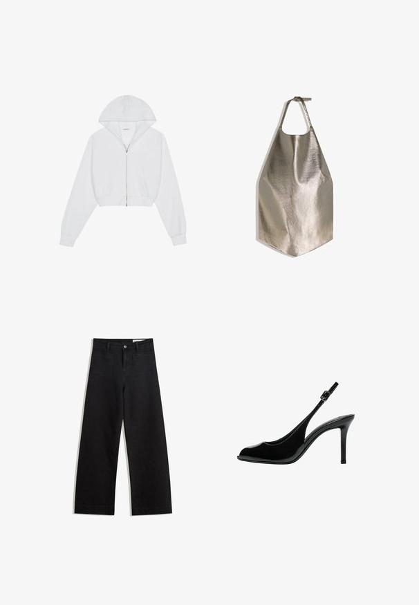 Fehér cropped kapucnis pulóver elülső cipzárral, hosszú ujjakkal, oldalsó zsebekkel és kapuccsal. Puha anyagból készült, sima tapintású.; Fémes szürke kötény sima textúrával, kör alakú nyaknyílással és lapos alsó éllel. Egyszerű dizájn, állítható pánttal.; Fekete, bő szabású farmernadrág magas derékkal, elülső és hátsó zsebekkel, varrott felületekkel és gombos záródással. Sima textúra.; Bershka WITH OPENING - Nyitott orrú magassarkúk - black