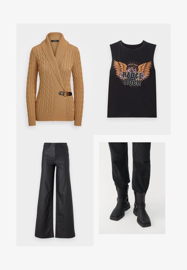 Tan sveter s pleteným vzorom a širokým golierom, asymetrický dizajn, s hnedým prackovým detailom na ľavej strane a rebrovanými manžetami.; Čierne bezrukávové bavlnené tričko s multikolórovou grafikou, na ktorej sú krídla, ruže a nápis "REBEL ROCK." Okrúhly výstrih a voľný strih.; Čierne široké nohavice z materiálu imitujúceho kožu. Majú vysoký pás, pútka na opasok, dve predné vrecká a šité detaily.; Čierne kožené členkové topánky so štvorcovou špičkou, s širokým remienkom a kovovou sponou. Topánky majú hrubú podrážku a hladký povrch.