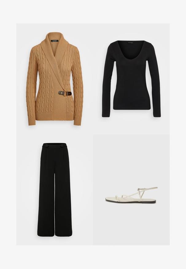 Suéter de malha canelada bege com gola de xale, design assimétrico, apresentando um detalhe em fivela castanho no lado esquerdo e punhos canelados.; Camisola preta de mangas longas, feita de um tecido suave. Apresenta um decote em V e uma silhueta ajustada, com uma textura lisa e detalhes de costura mínimos.; Calças largas pretas feitas de tecido texturizado, apresentando dois grandes botões na cintura e pregas acentuadas na frente.; Sandália plana bege com várias tiras finas e uma fivela ajustável. A sola é plana com um leve contraste escuro na borda.