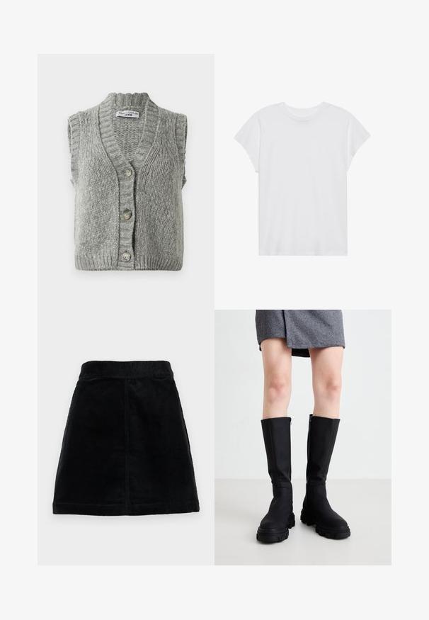 Pilkos megztos be rankovių megztinis su sagomis, su grioveliu ant apykaklės ir apačios, patalpintas plokščiai, rodantis priekį su trimis sagomis.; Balta trumpų rankovių marškinėliai su apvalia iškirpte, laisvo kirpimo, pagaminti iš minkštos medvilnės. Lygi tekstūra, be raštų ar logotipų.; Juoda kordūrinė sijonas su prigludusiu juosmeniu, tiesiu supjaustymu ir tekstūruotu audiniu su vertikaliomis raukšlėmis. Nėra matomų žakardo užsegimų ar dekoracijų.; Juodos iki kelių siekiančios botai su lygia apdaila, masyviais padu ir subtiliu šoninimu. Stilingai derinami su pilku zigzago rašto sijonu.