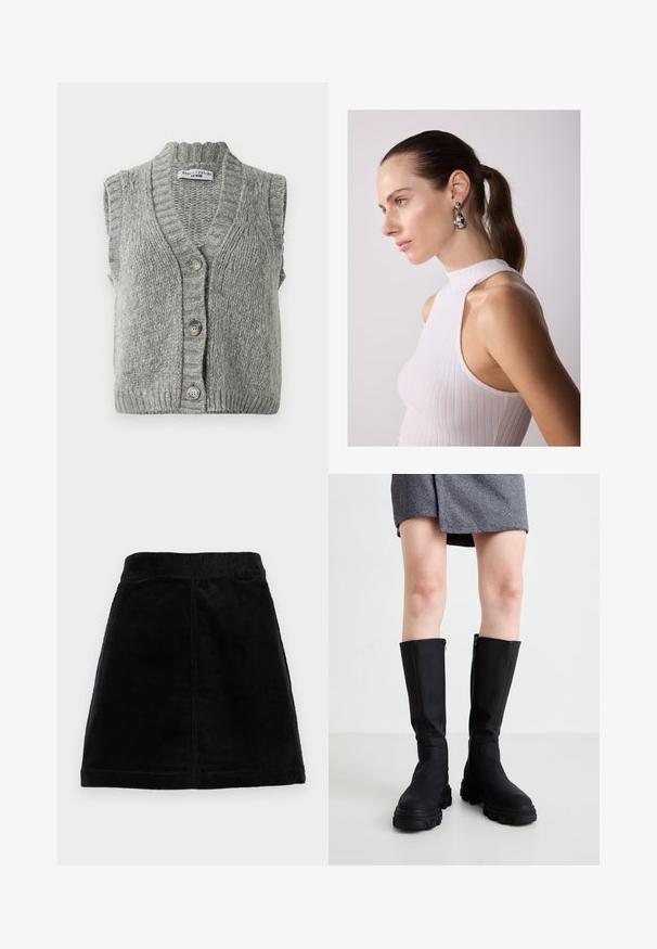 Szürke kötött, ujjatlan gombos kardigán mellény ribbelt gallérral és szegéllyel, laposan elhelyezve, elöl látható három gombbal.; Fehér, rövid ujjú póló, kerek nyakkivágással, laza szabású, puha pamut anyagból készült. Sima felület, nincs rajta minta vagy logó.; Fekete kordbársony szoknya, mellyel illeszkedő derék és egyenes szabás jellemzi, textúra nélküli anyaggal és függőleges bordázással. Nincs látható záródás vagy díszítés.; Fekete, térdmagasságú csizmák sima felülettel, vastag talpakkal és finom oldalsó cipzárral. Stílusosan párosítva egy szürke halszálkás szoknyával.; Ezüst csepp fülbevalók lekerekített díszítésekkel, egy fehér bordázott, ujjatlan pólót viselő modellen, amely sima textúrát mutat be.