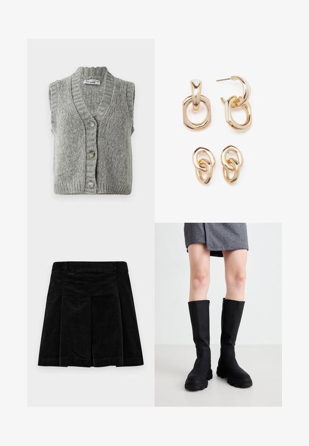 Harmaa neulottu hihaton nappivyöttiöliivi, jossa on ribbireuna ja helma, aseteltuna tasaisesti näyttäen etupuolen, jossa on kolme nappia.; Valkoinen lyhythihainen t-paita, jossa on pyöreä kaula-aukko ja rento malli, valmistettu pehmeästä puuvillakankaasta. Suhteellisen sileä pinta, ilman kuvioita tai logoja.; Musta corduroy-hame, jossa on poimutettu muotoilu, suora leikkaus, teksturoitu pinta ja vyötärö, joka takaa tukevan istuvuuden.; Mustat polvipituiset saappaat, joissa on sileä pinta, paksut pohjat ja hillitty sivuvetoketju. Tyylikkäästi yhdistetty harmaaseen herringbone-hameeseen.; Korukkeet kultasävyisiä, joissa on sekoitus geometrisia muotoja: neliö, ympyrä ja linkitetyt soikio-designit kiiltävällä pinnalla.