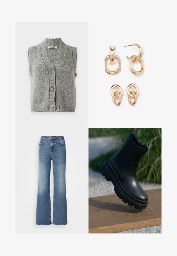 Siva pletena brezrokavnik z gumbi, z ribanim ovratnikom in robom, položen ravno in prikazuje sprednji del s tremi gumbi.; Bela kratka majica s kratkimi rokavi in okroglim izrezom, sproščenega kroja, izdelana iz mehkega bombažnega materiala. Gladka tekstura, brez vzorcev ali logotipov.; Mos Mosh MAI - Ravne kavbojke - blue wash; Črne usnjene gležnjarje s debelim podplatom, elastičnimi stranskimi paneli in gladko površino. Povišan dizajn s kontrastnim vzorcem na podplatu.; Zlato obarvane uhane, ki vključujejo mešanico geometrijskih oblik: kvadrat, krog in povezane ovalne oblike z poliranim zaključkom.