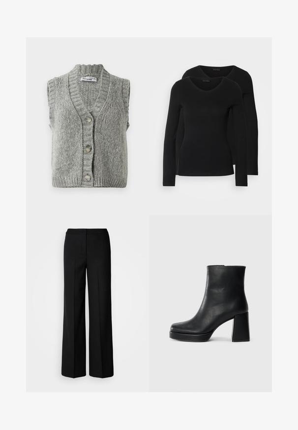 Szürke kötött, ujjatlan gombos kardigán mellény ribbelt gallérral és szegéllyel, laposan elhelyezve, elöl látható három gombbal.; Két fekete, hosszú ujjú póló V nyakkal, puha, rugalmas anyagból, sima textúrával és testhezálló fazonnal.; Fekete, széles szárú nadrág sima anyagból, magas derekú, üzemben készült varrásokkal és minimalista dizájnnal. Nincsenek látható fémrészek vagy zsebek.; Fekete bőr bokacsizma tömbsarkal és platform talppal, oldalról nézve, sima fehér háttéren.