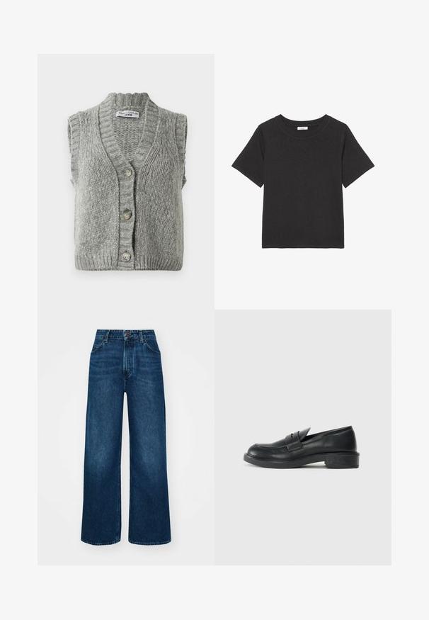 Sivá pletená bezrúšková cardiganová vesta s gombíkmi, s rebrovaným golierom a lemom, ležiaca na ploche a ukazujúca prednú stranu so žiadnymi gombíkmi.; Čierne tričko vyrobené z jemnej látky, s okrúhlym výstrihom a krátkymi rukávmi. Dizajn je jednoduchý, bez viditeľných vzorov alebo akcentov.; Džíny s vysokým pásom a širokými nohavicami v tmavomodrom denime so hladkou textúrou, kontrastným prešívaním a dizajnom so piatimi vreckami. Predné zapínanie na gombík.; Čierne kožené mokasíny s okrúhlym špičkou, prešívanými detailmi a malým opätkom. Hladký povrch a flexibilná gumová podrážka.