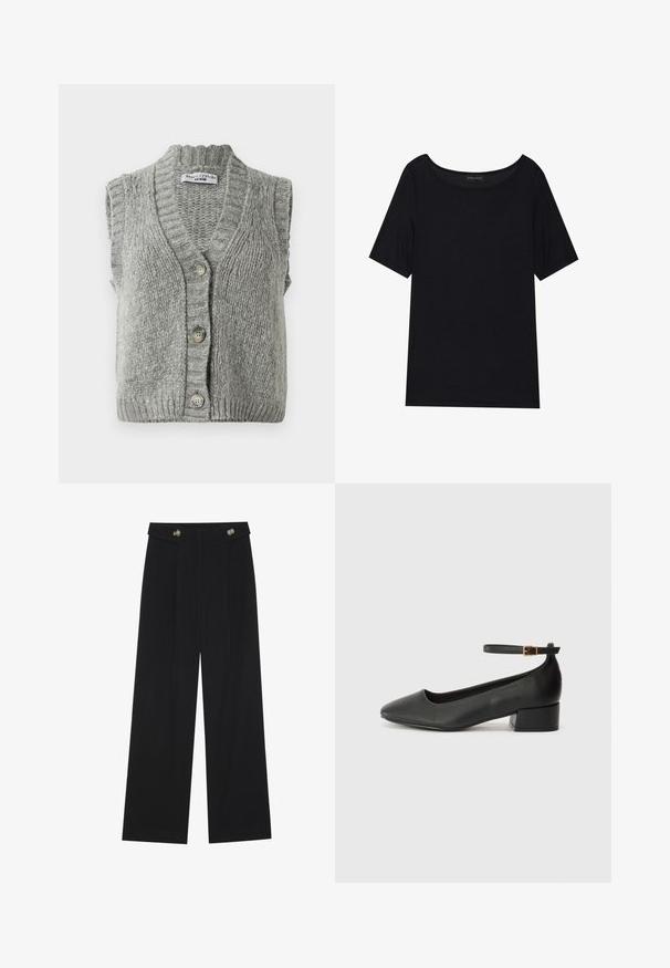 Pilkos megztos be rankovių megztinis su sagomis, su grioveliu ant apykaklės ir apačios, patalpintas plokščiai, rodantis priekį su trimis sagomis.; Juoda trumpomis rankovėmis marškinėliai su plačiu iškirpimu. Pagaminti iš švelnios, lengvos medžiagos. Paprastas dizainas be raštų ar akcentų.; Juodi plačios kojos kelnės su aukštu liemeniu, sagų detalėmis ant liemens ir priekinėmis raukšlėmis.; Juodas odinis aukštakulnis batelis su smailiu pirštu ir žemu bloku. Su kulkšnies dirželiu su auksinės spalvos sagtimi. Lygus paviršius.