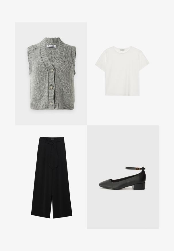 Pelēkas adītas bez piedurknēm veste ar pogām un ribotu apkakli un apakšmalu, izlikta uz plaknes, rādot priekšpusi ar trim pogām.; Balts īsām piedurknēm T-krekls, kas izgatavots no mīksta kokvilnas. Tam ir apaļš izgriezums un brīvs piegriezums. Tīrs dizains bez redzamām rakstiem vai akcentiem.; Melni platleņķa bikses ar teksturētu audumu, elastīgu jostu un noņemamu siksnu viduklī, kas nodrošina regulējamu piegulšanu.; Melnas ādas sūkņi ar smailu purngalu un zemu bloku papēdi. Iezīmēts ar potītes siksniņu ar zelta krāsas sprādzi. Gluda tekstūra.