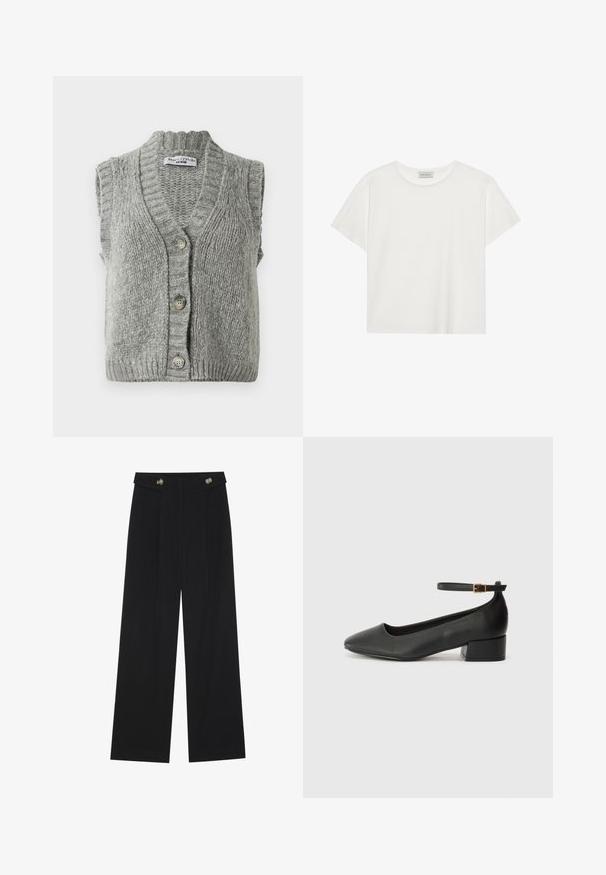 Grijze gebreide mouwloze knopenvest met ribbelkraag en -zoom, plat gelegd zodat de voorkant met drie knopen zichtbaar is.; Witte T-shirt met korte mouwen, gemaakt van zachte katoen. Heeft een ronde halslijn en een relaxte pasvorm. Schoon ontwerp zonder zichtbare patronen of accenten.; Zwarte wijde broek met hoge taille, knoopdetails op de tailleband en plooien aan de voorkant.; Zwarte leren pump met een spitse neus en een lage blokhak. Beschikt over een enkelband met een goudkleurige gespsluiting. Gladde textuur.