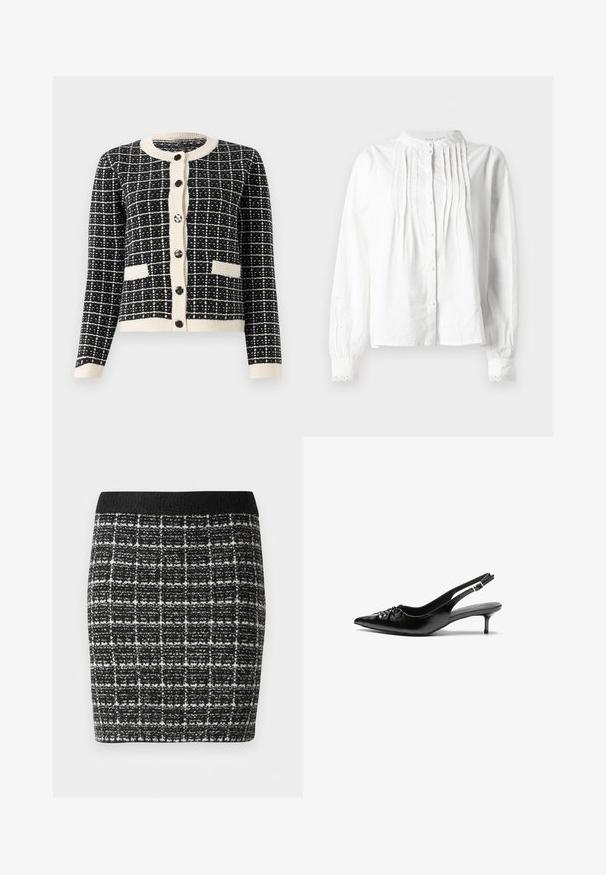 Juoda ir balta raštuota kardiganas su apvaliu kaklu, juodais mygtukais priekyje ir dviem priekinėmis kišenėmis. Guma ant rankovių ir apačios.; Balta ilgomis rankovėmis bliuska su stovinčiu apykakliniu, vertikaliomis klostėmis priekyje, mygtukų užsegimu ir nėrinių apvadais ant rankovių.; Juodai-baltos langelių raštas sijonas su tekstūruotu audiniu, su juodu juosmeniu ir prigludusia siluetu.; Juodos odinės slingback aukštakulniai su smailiu nosiu, mažais katės kulnais ir dekoratyvine mazgo detale priekyje. Visas paviršius lygus.