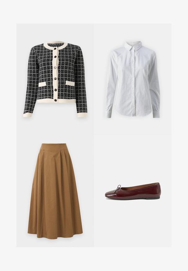 Svart og hvit mønstret cardigan med rund hals, svarte knapper foran og to frontlommer. Ribbestrikkede mansjetter og nederkant.; Hvit skjorte med knapper laget av glatt bomull, med klassisk krage, lange ermer og buet skjær. Knapper er små og hvite.; Brun bomull A-linje skjørt med høy midje, med folder foran og en jevn tekstur. Kantene er rene og enkle.; Burgunderrød lakk lær ballettleilighet med rund tå, liten sløyfe foran og en lav, svart gummisåle. Glatt tekstur.