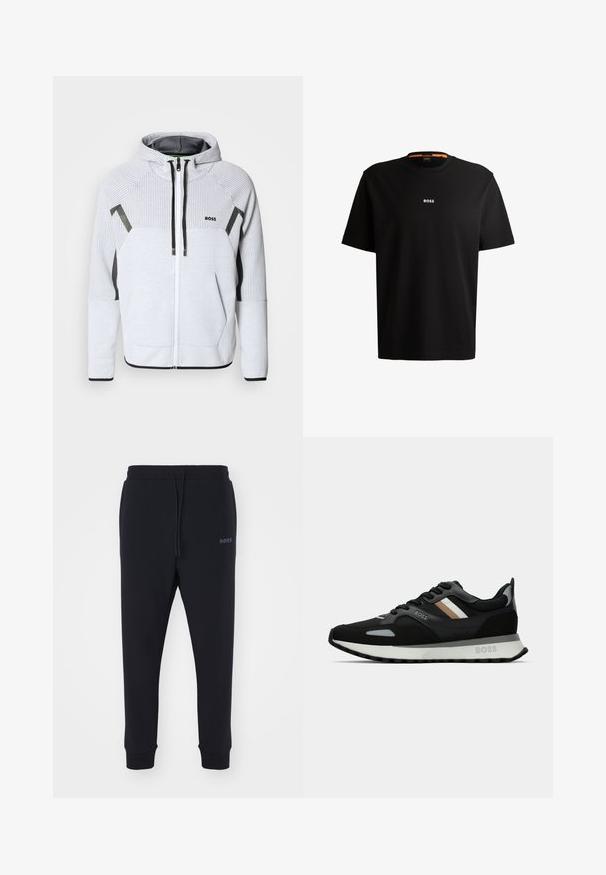 Sweatshirt com fecho éclair cinza claro, feito de tecido texturizado, apresentando capuz, detalhes em preto e um logotipo no lado esquerdo do peito.; T-shirt preta em algodão com gola redonda, mangas curtas e logo branco "BOSS" centrado no peito. Textura suave, corte casual.; Calças de fato pretas feitas de material macio, com uma cintura elástica, cordão e pernas ajustadas. Apresenta um pequeno logotipo de lado.; Shoe de corrida preto com uma superfície texturizada, detalhes cinza claro e três riscas horizontais em castanho. Apresenta uma sola branca acolchoada.