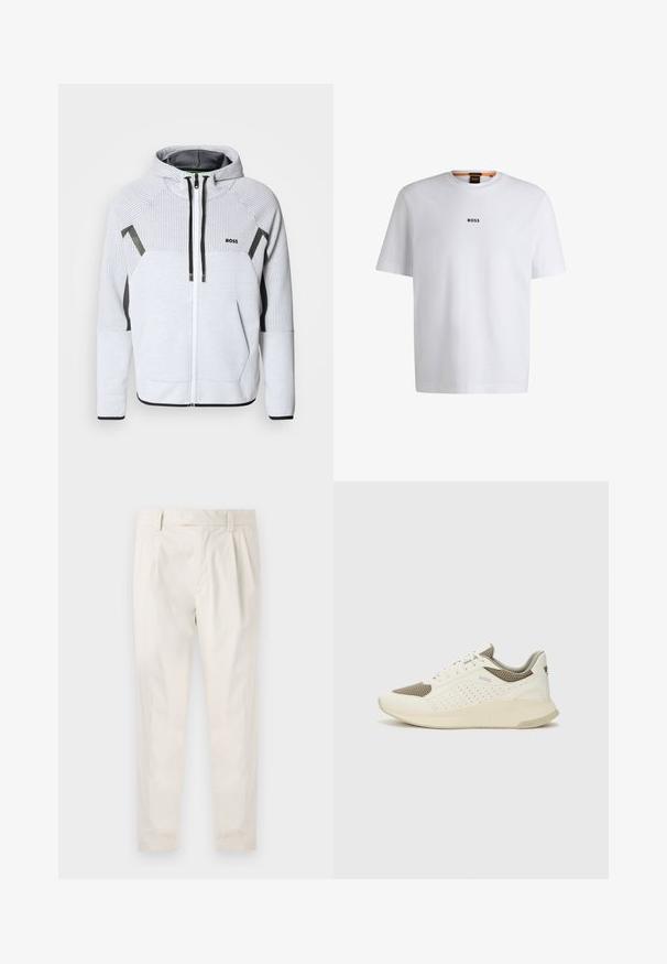 Lys grå hettegensers med glidelås laget av teksturert stoff, med hette, svarte detaljer og en logo på venstre bryst.; Hvit bomulls T-skjorte med korte ermer, med en svart "BOSS" logo sentrert på brystet og rund halsdesign.; Hvite, pregede bukser med skreddersydd passform, som har en jevn tekstur, beltehemper og avsmalnende ben. Ingen synlige lommer eller mønstre.; Hvit og lysebeige treningssko, med en mesh-overdel, perforerte detaljer og en teksturert mellomsåle med merkevare på hælen.