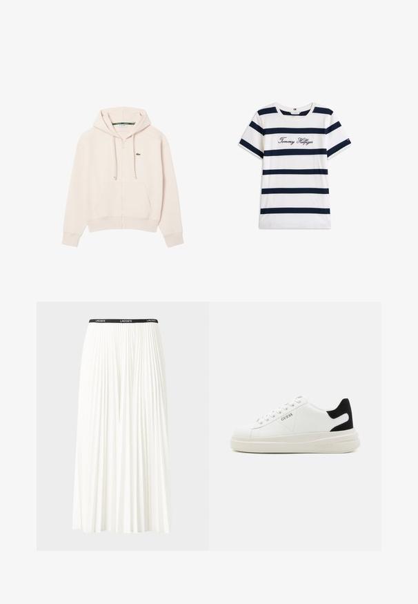 Sudadera con cremallera de color rosa claro, hecha de tejido suave, con un bolsillo delantero y un logo verde de Lacoste en el pecho. Capucha ajustable con cordón.; Camiseta de algodón con rayas horizontales azul marino sobre un fondo blanco. "Tommy Hilfiger" bordado en cursiva en el pecho. Escote de tipo crew.; Falda blanca plisada con una cinturilla elástica negra que presenta el logotipo "LACOSTE". Diseño de longitud media con textura suave.; Zapatillas blancas de cuero con una suela blanca gruesa, acento en el talón de ante negro y logo grabado en el lateral. Diseño de cordones con seis ojales.