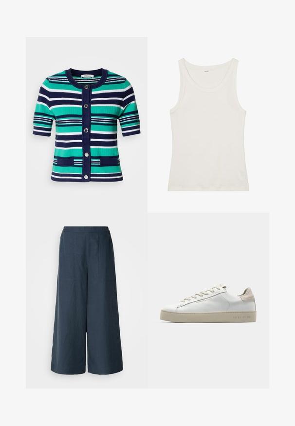 Rövid ujjú kardigán kék, zöld és fehér csíkokkal. Öt gombbal, bordázott gallérral és elülső zsebekkel rendelkezik.; Fehér pamut ujjatlan felső széles nyakkivágással és vékony pántokkal. Sima felület, látható minták vagy díszítések nélkül.; Sötétkék, bőszárú nadrág könnyű anyagból. Enyhén texturált felülettel, rugalmas derékkal és elülső varratokkal rendelkezik.; Fehér bőr sportcipő sima felülettel, bézs velúr díszítéssel, kerek orrrésszel, lapos fűzős kivitelben, és mintás gumitalppal.