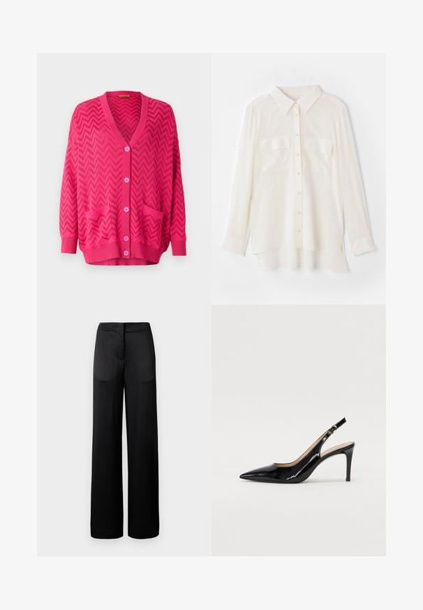 Rosa stickad cardigan med ett zick-zackmönster, med V-ringning, långa ärmar, fem knappar och två framfickor.; Vit skjorta med knappar i lätt tyg. Har en klassisk krage, två bröstfickor och en något längre bakre fåll.; Breda svarta byxor med en texturerad yta, featuring en platt midja och två sidfickor. Tyget verkar vara lätt och flytande.; Svart patenterat läder slingback pumps med spetsig tå, smal klack och en subtil utskärning. Har en guldbuckle på remmen.