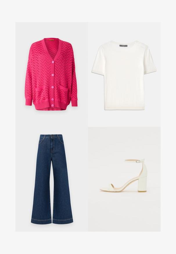 Rosa stickad cardigan med ett zick-zackmönster, med V-ringning, långa ärmar, fem knappar och två framfickor.; Vit kortärmad stickad topp med rund halsringning, med en jämn textur och subtila randiga detaljer vid ärmarna och fållen.; Bredda blå denimjeans med hög midja, med knappstängning, bältesögglor och subtila sömdetaljer längs fickorna och fållarna.; Vit läder blockklack-sandalett med en ankelrem och spänne samt minimalistisk design. Öppen tå och släta ytor genomgående.
