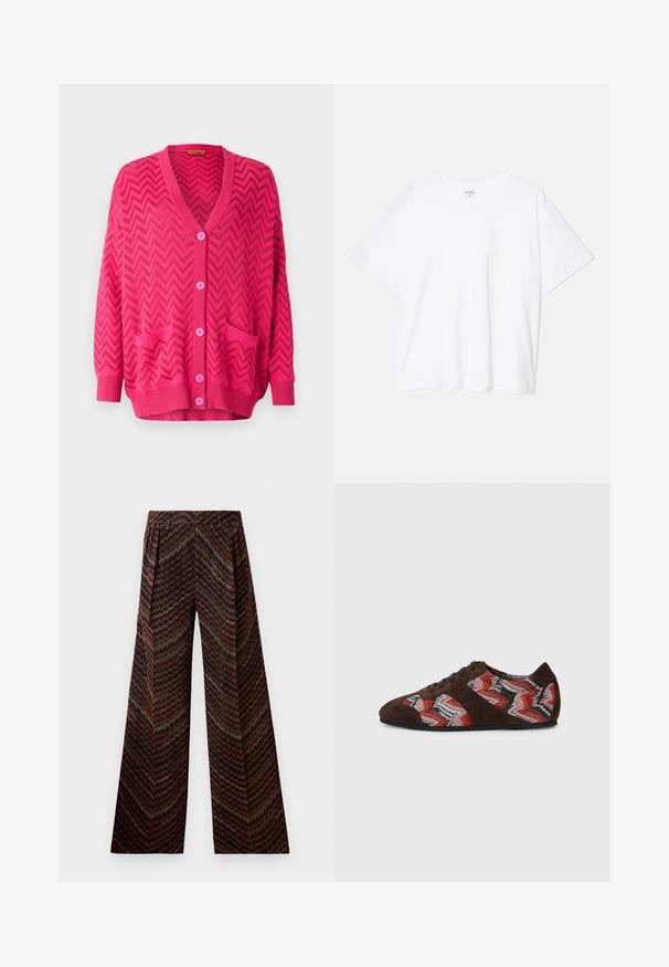 Ροζ πλεκτή ζακέτα με μοτίβο ζιγκ-ζαγκ, διαθέτει V-λαιμόκοψη, μακριά μανίκια, πέντε κουμπιά και δύο μπροστά τσέπες.; Λευκό βαμβακερό μπλουζάκι με κοντά μανίκια, στρογγυλή λαιμόκοψή, χαλαρή εφαρμογή και ραμμένο στρίφωμα. Ετικέτα ορατή στο εσωτερικό του λαιμού.; Φαρδύ παντελόνι με ψηλή μέση και ζιγκ-ζαγκ σχέδιο σε αποχρώσεις καφέ, μαύρου, ροζ και πράσινου σε λευκό φόντο.; Καφέ σουέτ αθλητικά παπούτσια με ζιγκ-ζαγκ σχέδιο σε κόκκινο, μαύρο και άσπρο υφασμάτινο πλέγμα, με μαύρα κορδόνια και καουτσούκ σόλα.