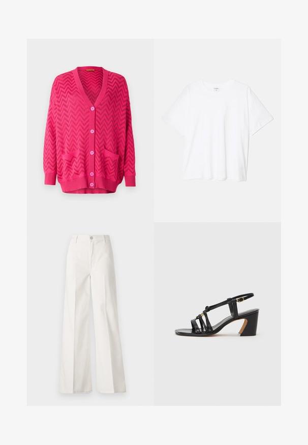 Rozā adīta veste ar zigzaga rakstu, ar V-veida kakla izgriezumu, garām piedurknēm, piecām pogām un divām priekšējām kabatām.; Balta kokvilnas T-krekls ar īsām piedurknēm, apaļu dekoltē, brīva piegriezuma un šūtu apakšmalu. Etiķete redzama iekšējā kakla daļā.; Baltas platfita bikses, izgatavotas no kokvilnas ar gludu tekstūru. Aprīkotas ar priekšējo pogu, rāvējslēdzēju un četru kabatu dizainu.; Paul Smith AMIRA - Klasiski papēži - black