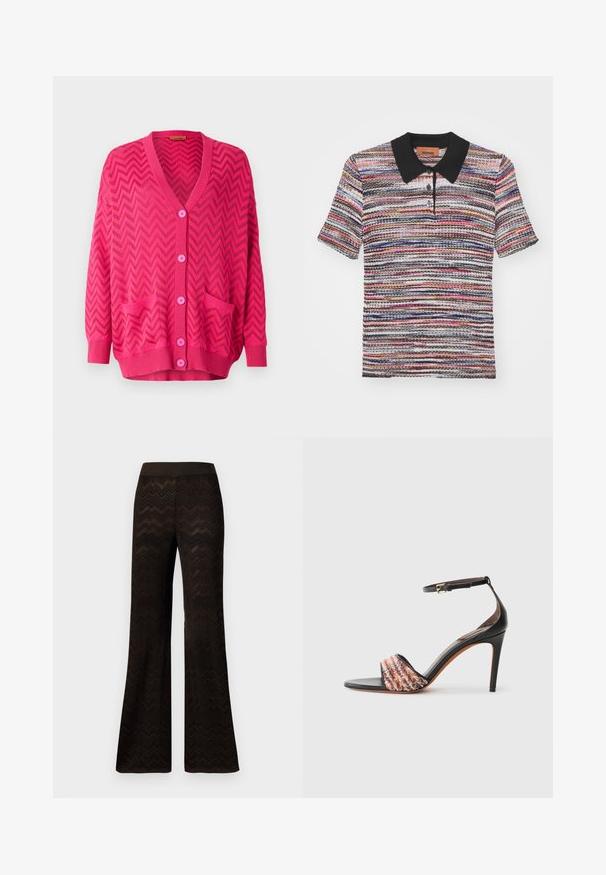 Rožinė megzta kardiganas su zigzagu raštu, turintis V formos iškirpimą, ilgas rankoves, penkis mygtukus ir dvi priekinės kišenes.; Missoni Polo marškinėliai - multicolor/red/pink/blu; Platūs juodi kelnių kraštai su zigzago raštu, elastinga juosmena, pristatyti ant balto fono.; Juodi kulniukai su užtrauktuku ant kulkšnies. Yra tekstūruota, daugiaspalvė audinio juosta per pirštus. Lygus odos paviršius.