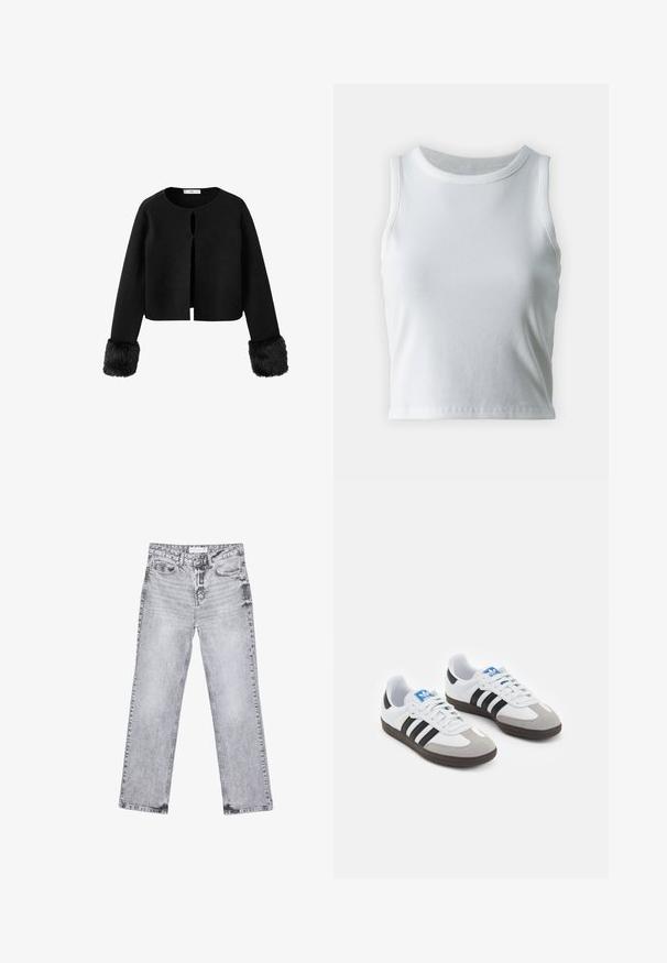 Musta lyhytneuletakki pyöreällä kauluksella, avonainen edestä ja tekoturkishankkeilla hihoissa. Pehmeä rakenne ja minimalistinen muotoilu.; Valkoinen poimutettu hihaton toppi, jossa on pyöreä kaula-aukko, suora helma ja sileä, joustava materiaali.; Harmaat farkut suoran lahkeen leikkauksella, kulutettu yksityiskohtia, viisi taskua ja kuparinappi. Vyötärönauha sisältää logotagin.; Urheilukengät, joissa on valkoinen nahkainen päällinen, harmaa mokkanokka ja kolme mustaa raitaa. Ominaisuuksina sininen logo kielekkeessä ja kuvioitu kumipohja.