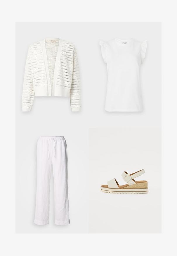 Bela skrajšana kardigan z vzorcem prostih lukenj, rebrastimi manšetami in odprtim sprednjim delom. Lahka pletenina.; Bela kratka majica z rokavi iz bombaža z nagubanimi detajli na ramenih in okroglim izrezom. Gladka tekstura in klasičen kroj.; Bela lanena hlače z sproščenim prilegom, elastičnim pasom in vrvico. Imajo ravne noge in zavihke za sproščen videz.; Bele ženske sandale na nožnem konici z teksturiranim bež podplatom, širokim sprednjim pasom in nastavljivim gležnjenjskim pasom s kvadratno zaponko.
