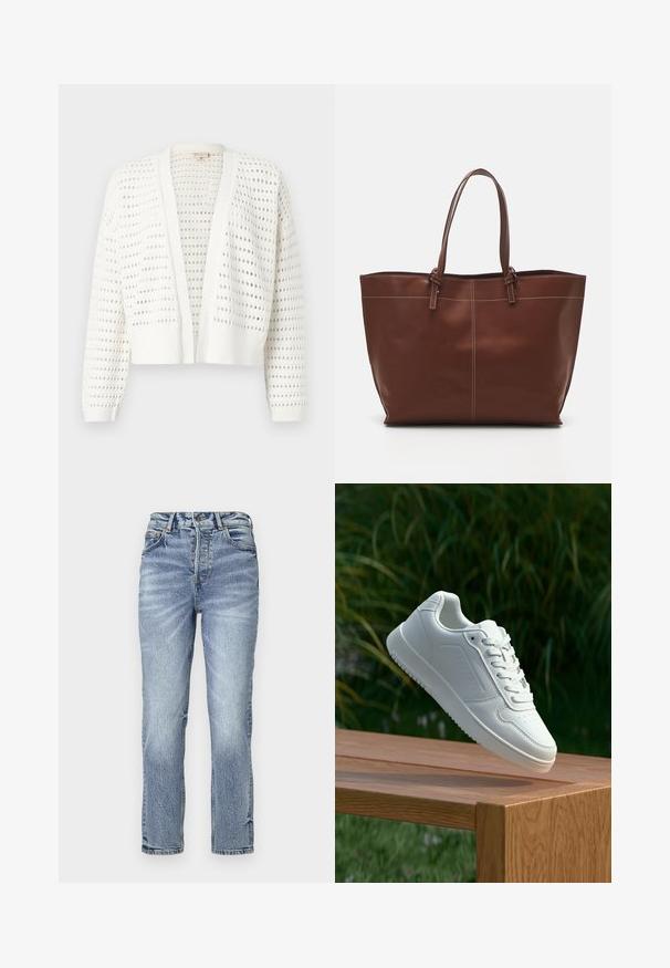 White cropped cardigan with a spaced hole pattern, ribbed cuffs, and open front design. Lightweight knit material.; Two sleeveless tops in black and white. Made of soft, stretchy fabric with a ribbed texture and a fitted design. Features narrow straps.; Light blue denim jeans with a straight fit, high waist, faded texture, and five pockets. Features metal button and zipper closure.; White sneaker with a smooth synthetic upper, perforated toe box, flat laces, and a textured sole, displayed on a wooden surface.; Brown leather tote bag with double handles, features contrast stitching and a spacious design, suitable for everyday use.