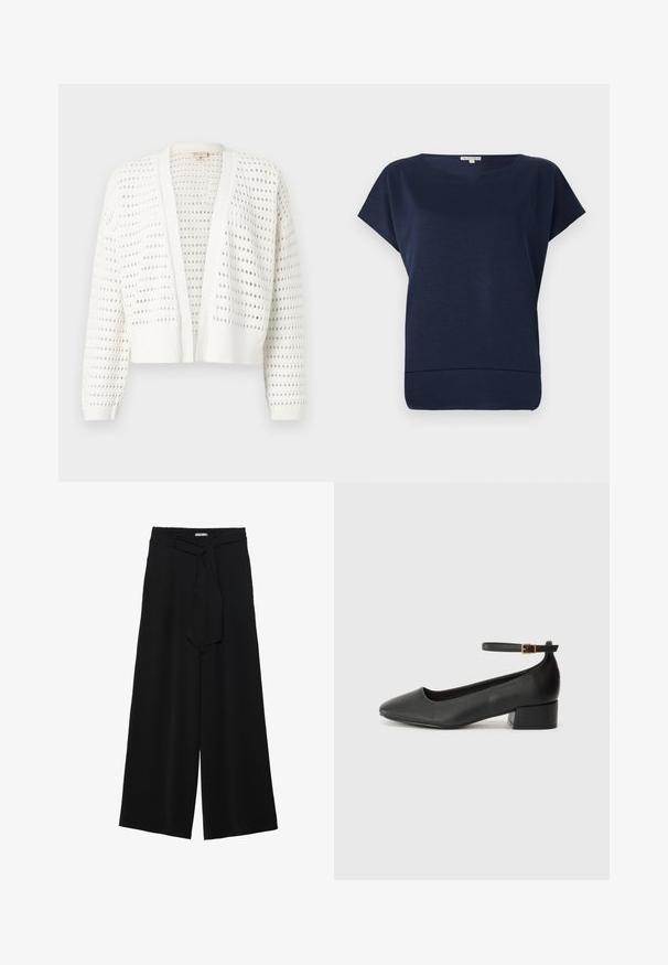 Balta, īsa kardigāna ar izstarotām caurumiem, ribotām piedurknēm un atvērtu priekšpusi. Viegls adījuma materiāls.; Tumši zila īsām piedurknēm blūze ar brīvu piegriezumu, apaļu kakla izgriezumu un maigu faktūru. Mīksts audums ar nedaudz uz augšu izlīkumu apakšmalu.; Melni platleņķa bikses ar teksturētu audumu, elastīgu jostu un noņemamu siksnu viduklī, kas nodrošina regulējamu piegulšanu.; Melnas ādas sūkņi ar smailu purngalu un zemu bloku papēdi. Iezīmēts ar potītes siksniņu ar zelta krāsas sprādzi. Gluda tekstūra.