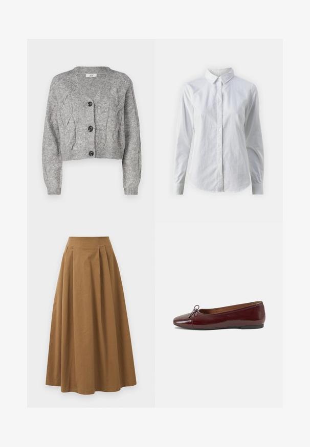 Šedý pletený cardigan s výstrihom do V, s károvaným vzorom, dlhými rukávmi a tromi čiernymi gombíkmi na prednej strane. Skosený strih.; Biela košeľa s gombíkmi vyrobená z hladkej bavlny, s klasickým golierom, dlhými rukávmi a zakriveným lemom. Gombíky sú malé a biele.; Hnedá bavlnená sukňa A-línie s vysokým pásom, so skladmi vpredu a hladkou textúrou. Hranice sú čisté a jednoduché.; Burgundské lakované balerínky s okrúhlou špičkou, malou mašľou na prednej strane a nízkou čiernou gumovou podrážkou. Hladký povrch.